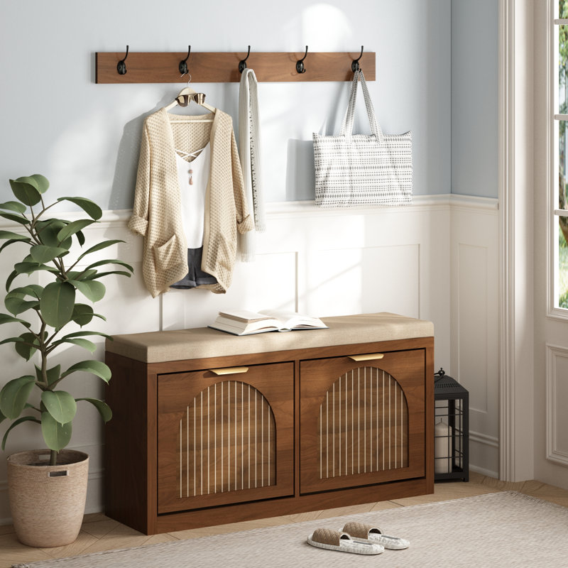 Banc à chaussures de rangement Anteus avec porte-manteau et coussin d'assise, Brown