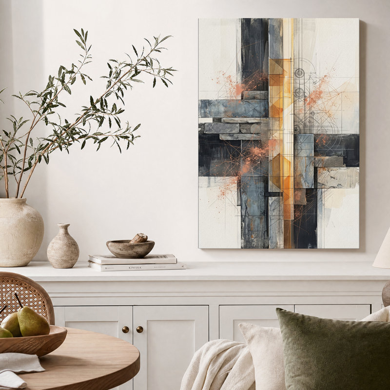Tableau géométrique abstrait sur toile gris et orange, H 18 po x l 12 po