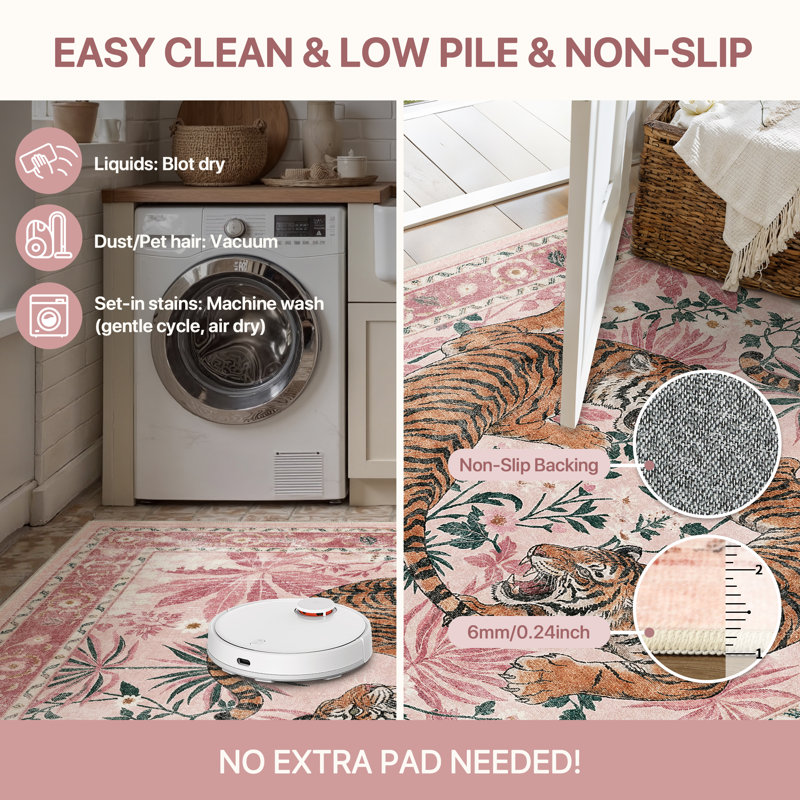 Gemini Oriental Machine Washable Red Indoor Area Rug with Non-Slip Backing, Runner 2' x 7', Pink