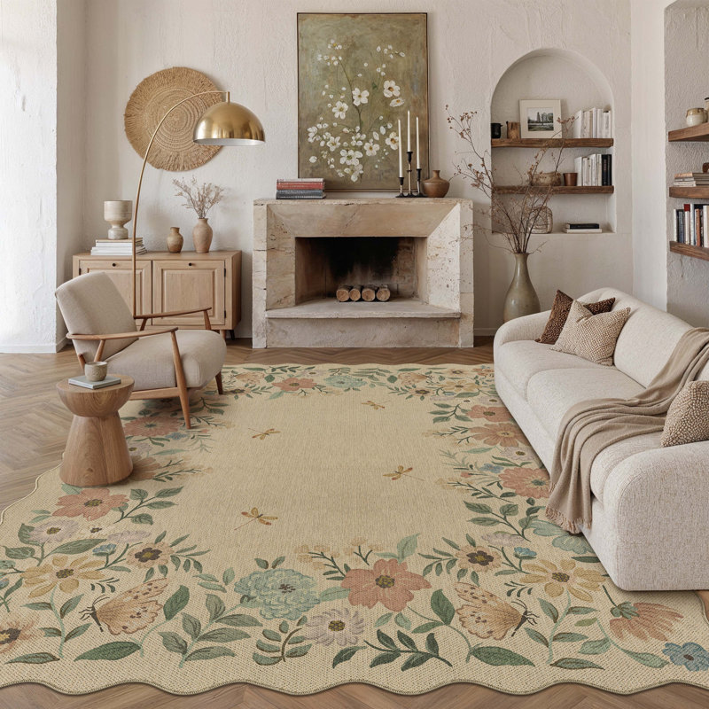 Botanical Floral Faux Linen Machine Washable Area Rug With Non-Slip Backing And Scalloped Edge, Rectangle 8' x 10'