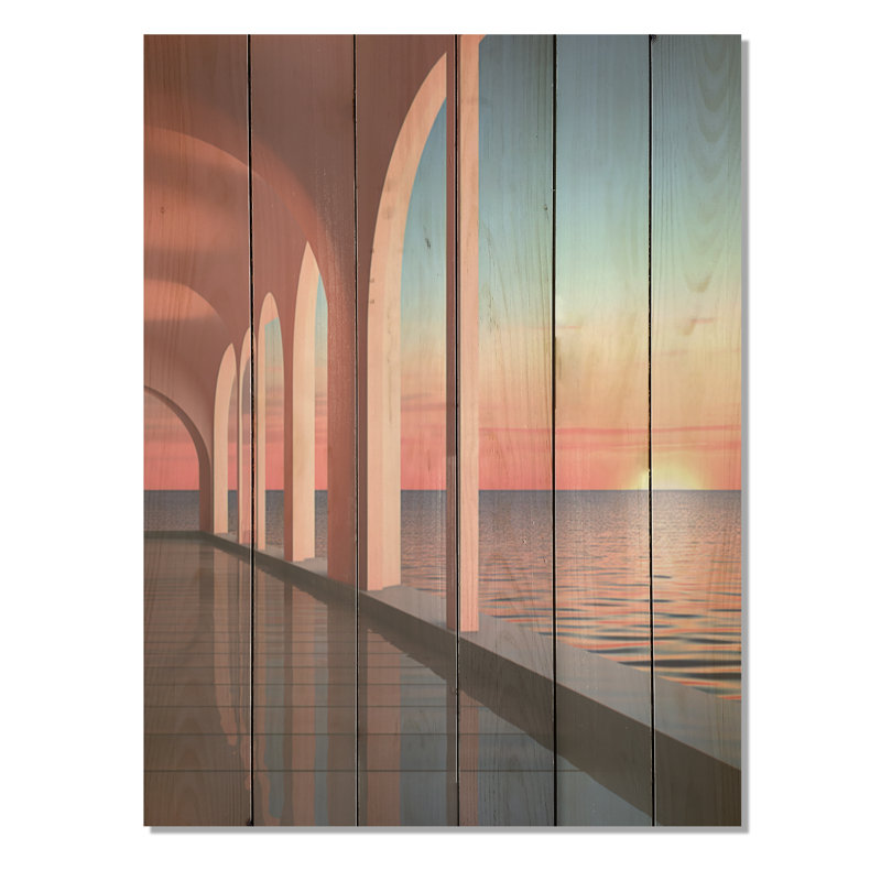 Coucher de soleil, architecture côtière Serenity I - art mural en bois côtier sur bois de pin naturel, H 32 po x l 24 po