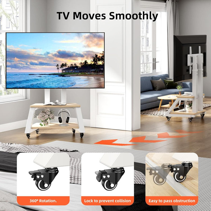 Chariot mobile à roulettes pour meuble télé avec roues pour téléviseurs de 32 à 86 pouces, conception robuste à hauteur réglable pouvant supporter 180 lb, tablettes en bois doubles, VESA maximum 600 x 450 mm