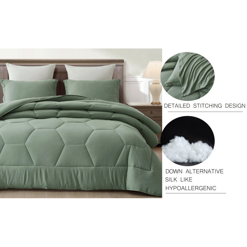 Washed Microfiber Bedding Honeycomb Comforter Set, Dusty Blue, Oversized Queen Comforter + 2 Standard Shams
