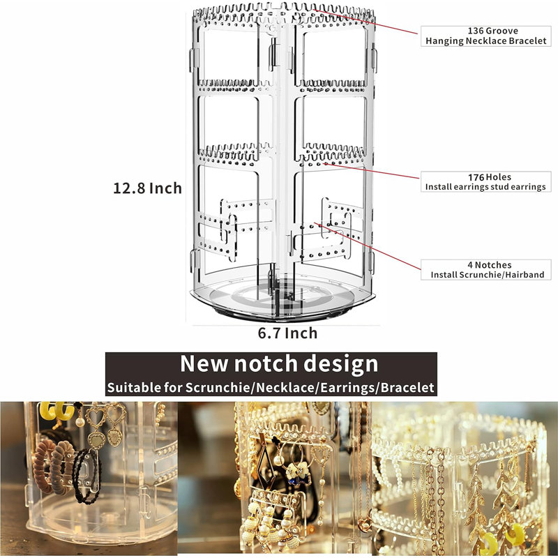 360 Rotating Acrylic Jewellery Rack 6.7"X6.7"X12.8"