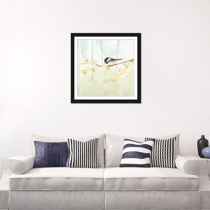« spring chickadees iii », reproduction d’impression sur toile, H 16 po x l 16 po x P 1 po, Papier d'art encadré noir, Blanc