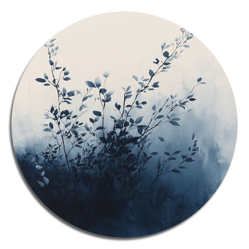 Minimalisme solitude des feuilles en monochrome I - impression d'art traditionnel bleu en métal, H 23 po x l 23 po