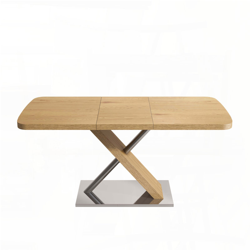 Extendable Dining Table with Cross Metal Base (47.25" to 63", Natural Wood, Seats 4-6)