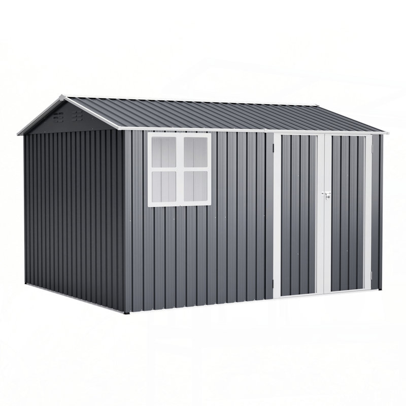 10X8FT Outdoor Steel Storage Shed with Clear Window, Lockable Doors, Weather-Resistant Metal Tool Shed for Garden, Backyard, Patio, and Utility Storage,Gray