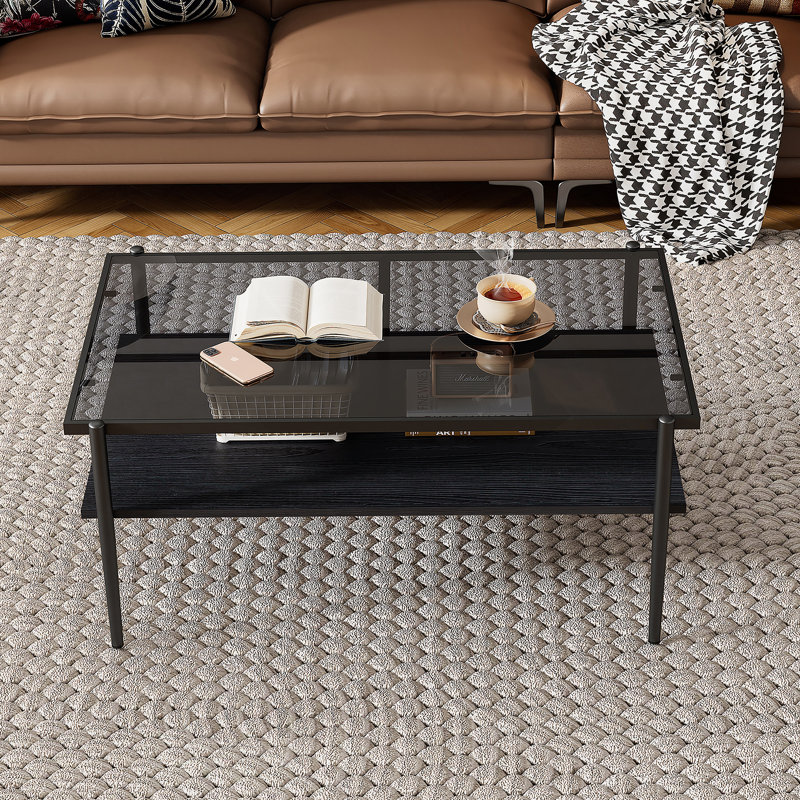 Rectangle Coffee Table with Tempered Glass top and Legs,Modern Table for Living Room, Black