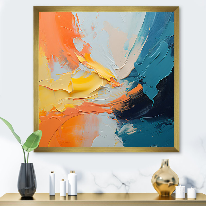 «Blue and Orange Paint Abstract Expression 5», art mural abstrait, Cadre doré simple, H 36 po x l 36 po x P 1,5 po