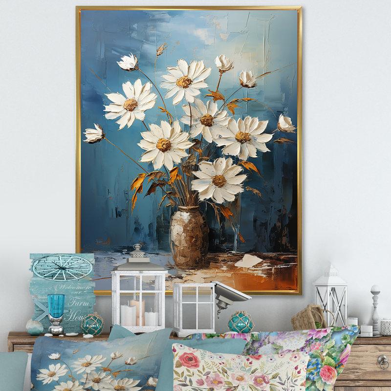 Bouquet de marguerites blanches - sérénité - décoration murale marguerites, Cadre flottant doré, H 20 po x l 12 po x P 1 po