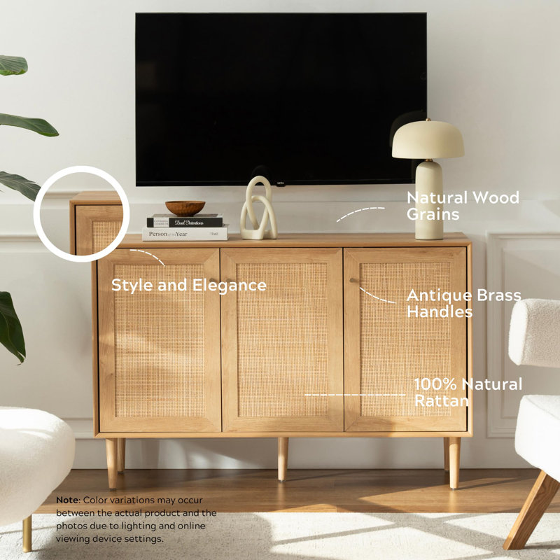 Rattan 3 Door Sideboard Accent Cabinet, Oak