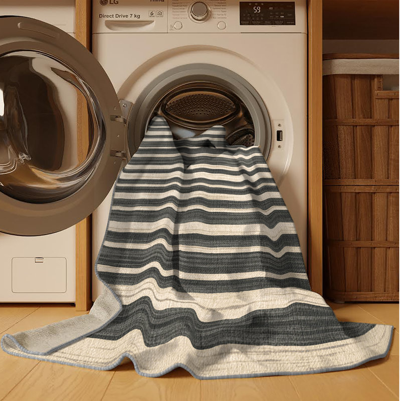 Washable Stone Gray Cream Striped Area Rug, Rectangle 5' x 7'