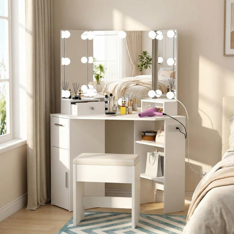 Bureau de coiffeuse avec miroir et lumières, ensemble de coiffeuse de coin avec miroir à 3 panneaux, prises de courant et tabouret rembourré, 3 modes de couleur, petite coiffeuse d'angle, blanc