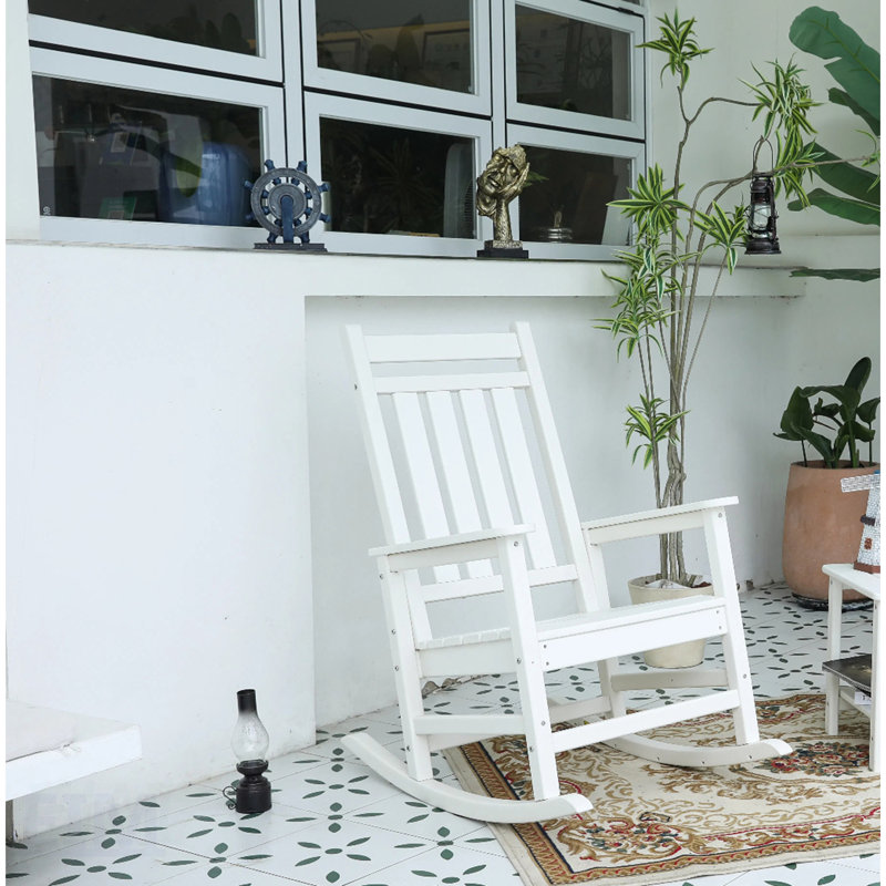 Oversized Rocking Chair With Wood-Texture, Outdoor Rocking Chair For Adults, All Weather Resistant Porch Rocker For Lawn Garden, White