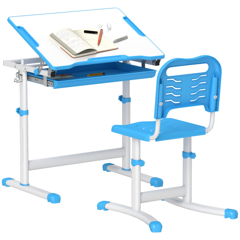 Wrought Studio™ Kids Desk And Chair Set, Height Adjustable Study Table And Chair Set With Drawer, Pen Slot, Tiltable Desktop, Hook