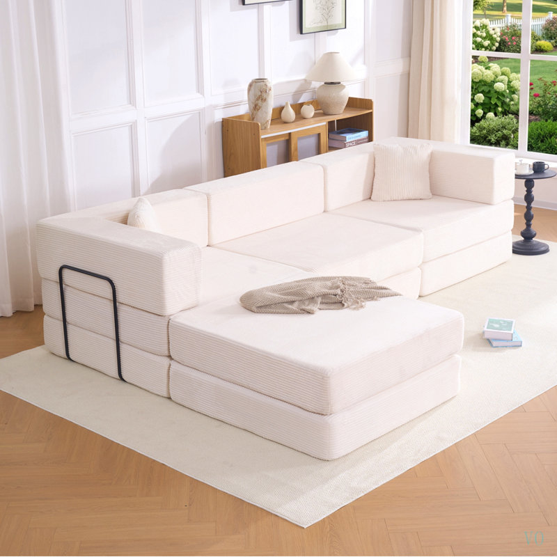 Canapé d'angle modulaire en velours côtelé de 118 pouces avec structure fixe et coussins, canapé-lit convertible en forme de L, canapé de sol pour salon, aucun assemblage requis