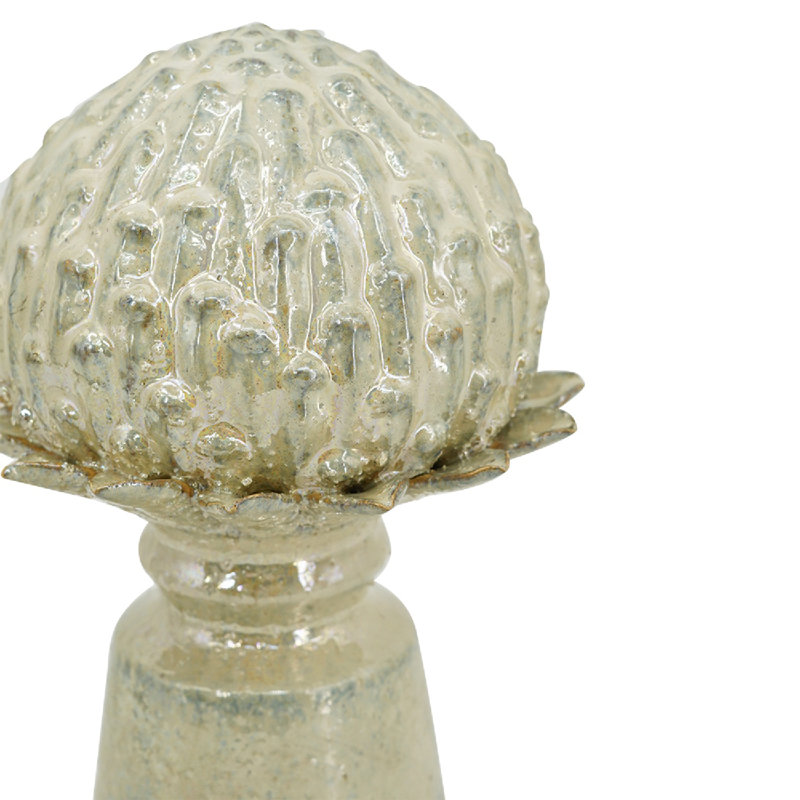 Gray Stoneware Artichoke Statue on Pedestal Base, 13.2" H x 6.9" W x 6.9" D