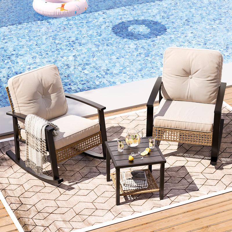 3-Piece Outdoor Wicker Rocking Conversation Set with Cushions, Beige