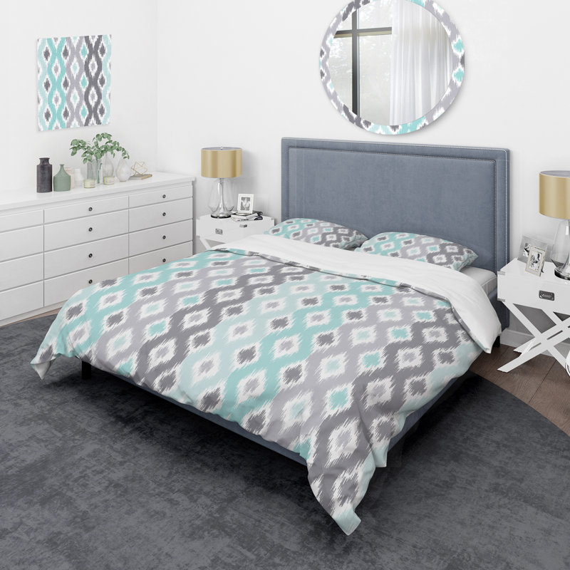 Ensemble de housse de couette Ikat Ogee bleu et gris, Housse de couette simple + 1 taie décorative stan
