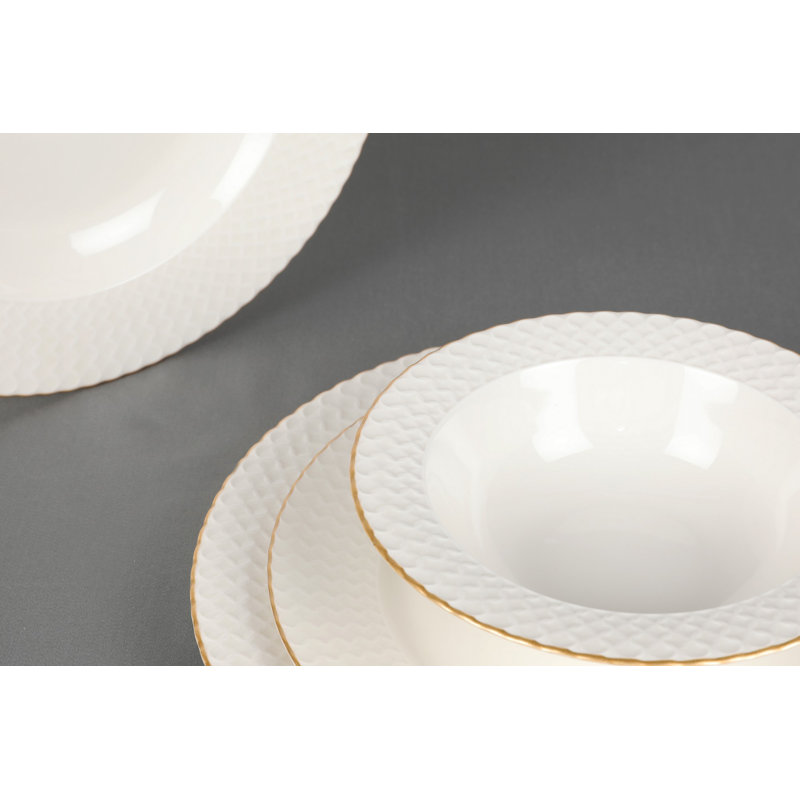Ensemble de vaisselle élégant 24 pièces, blanc et doré, 6 assiettes de service (8,7 x 8,7 x 0,8 po), 6 assiettes (7,9 x 7,9 x 1,6 po), 6 bols (5,5 x 5,5 x 2,0 po), 6 assiettes à dessert ( 7,1 x 7,1 x 0,8 po) | 100% porcelaine, parfait pour les repas 