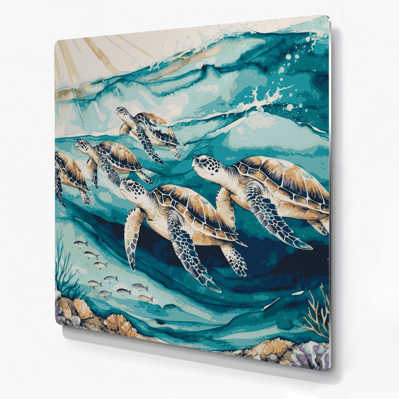 Art mural en métal beige, "Coastal Sea Turtle", H 12 po x l 12 po