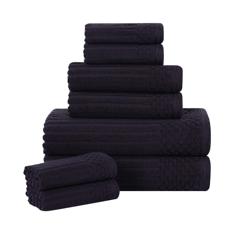 Soho Spa Highly Absorbent Cotton Checkered Border Towel Collection, Black, 8 Piece Towel set (2-bath, 3-hand, 3-face)