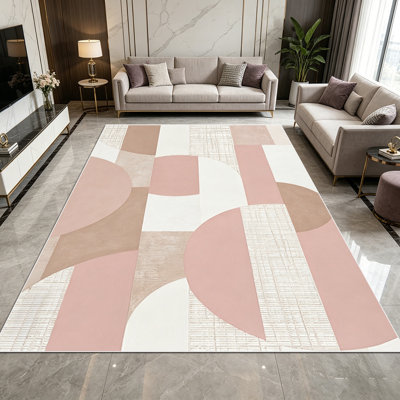 Tapis à motif géométrique moderne en lin rose et brun clair 1pc, doux et confortable, facile à entretenir, lavable à la machine, convient au salon, à la chambre à coucher, à la salle à manger, au bureau personnel, au vestibule, au balcon, à la décoration intérieure et extérieure .