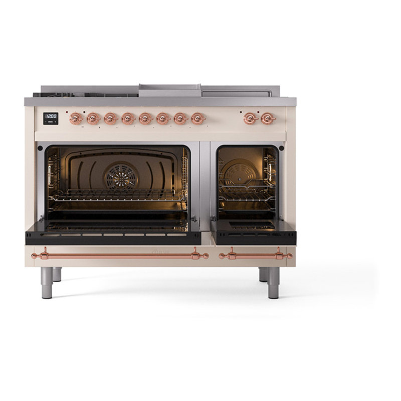ILVE Nostalgie II Noblesse 48 inch Dual Fuel Range (5 Sealed Burners + Griddle + French Top, Triple Glass Door), Copper
