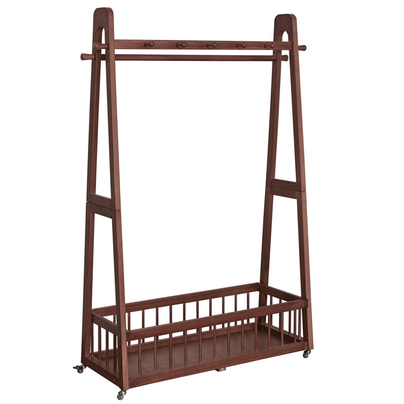Portant à vêtements autoportant en bois massif, support de cintres mobile en bois avec roulettes verrouillables, Walnut