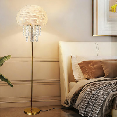 Modern Floor Lamp With Side Table, Crystal Accent Bedside Lamp, Feather Shade Living Room Lighting, Marble Base And Stainless Steel Body