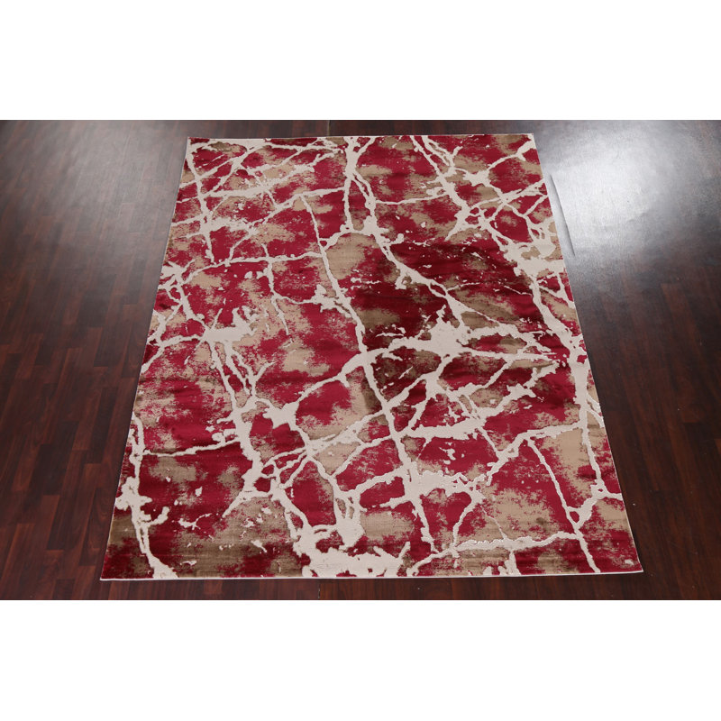 Tapis oriental rouge transitionnel abstrait 3 x 5, Rectangle 9 pi 2 po x 12 pi 6 po