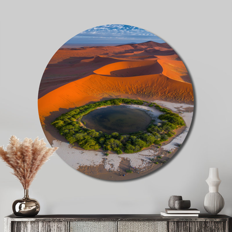 Une photo aérienne du désert du Sahara Oasis II - art mural en métal vert global, impression ronde du désert