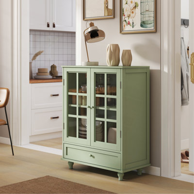 Minimalist Buffet Cabinet With Double Glass Doors And Drawer, Modern Wooden Storage Sideboard Cupboard For Living Room
