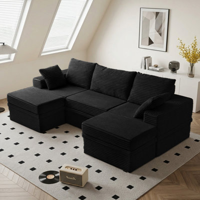 107"W U-Shaped Sectional Sofa, Cloud Modular Corduroy Couch with Chaise, 2 Ottomans & Hidden Storage, Extra Deep Seat Corner Sofa, Minimalist Living Room Furniture, Easy Assembly Required