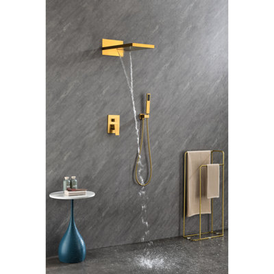 Wall Mounted Shower Kit With Rectangular Head And Handheld - Gold Brass Faucet Finish