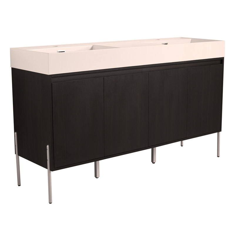 Meuble-lavabo autoportant 60 po avec double lavabo en résine, armoire de rangement avec portes à fermeture douce 60 po