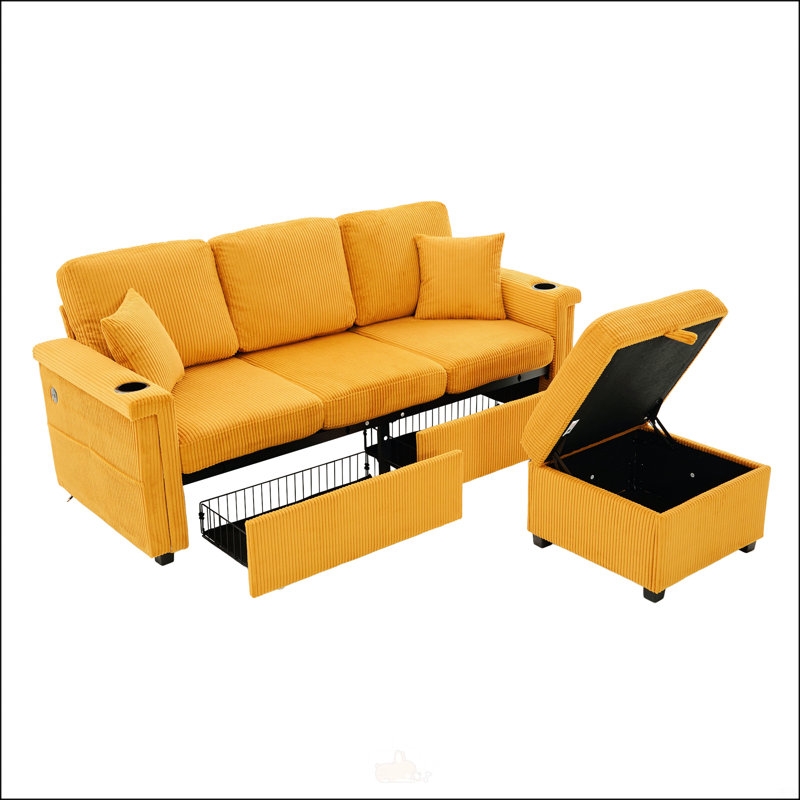 Canapé modulaire en L avec rangement coulissant, Jaune moutarde