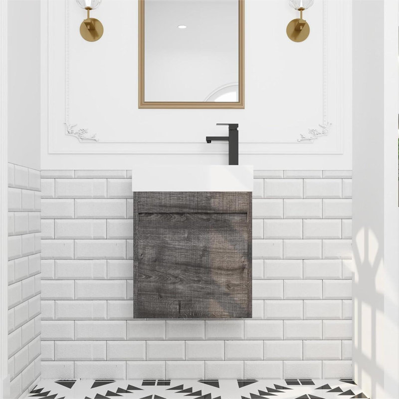 Petit meuble-lavabo simple 18 po avec plateau en résine Cydnei, Chêne gris