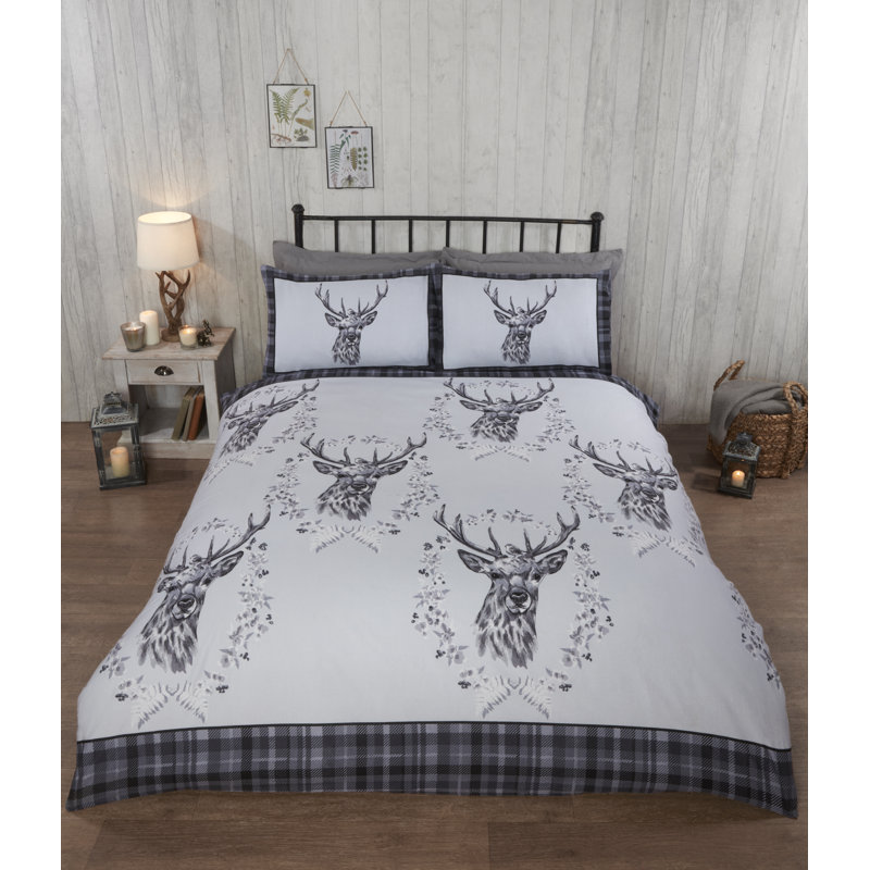 Stag & Wreath Winter Brushed Cotton Duvet Cover Set, Single Duvet Cover + 1 Standard Pillowcase, Grey