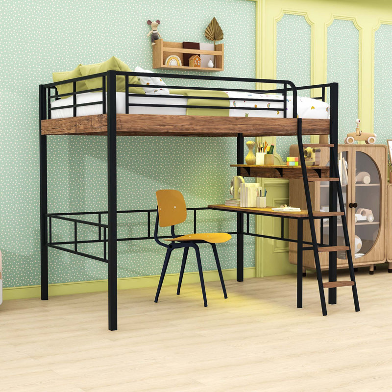 Lit mezzanine double avec éclairage à DEL intégré, bureau et tablettes