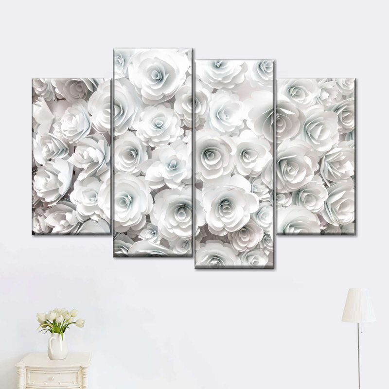 Ensemble de 4 pièces de roses blanches sur toile, H 42 po x l 68 po x P 1,25 po