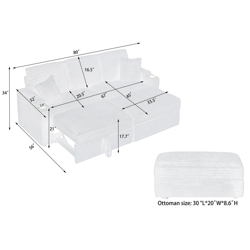 80" Loveseats Sofa With Ottoman, Black
