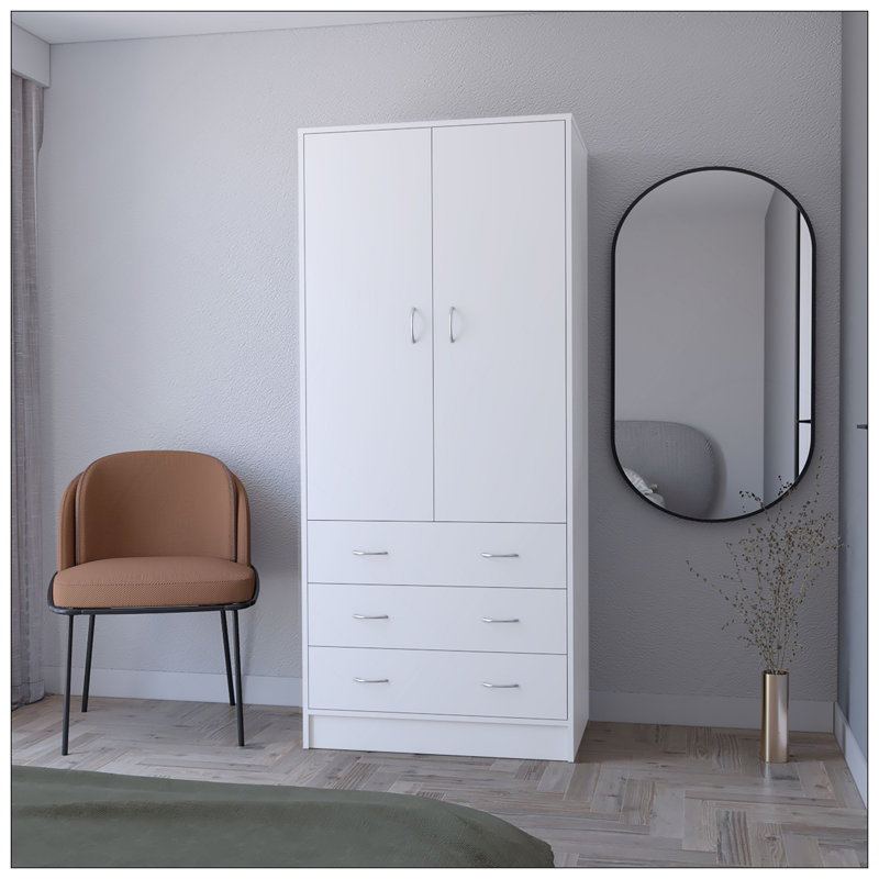 Armoire Prescott, avec 2 portes, 3 tiroirs et 1 tringle, Blanc