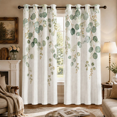 Ensemble de 2 rideaux à motif de feuilles d'eucalyptus, style botanique, motif floral aquarelle, occultants et insonorisants, parfaits pour la décoration du salon et de la chambre à coucher.