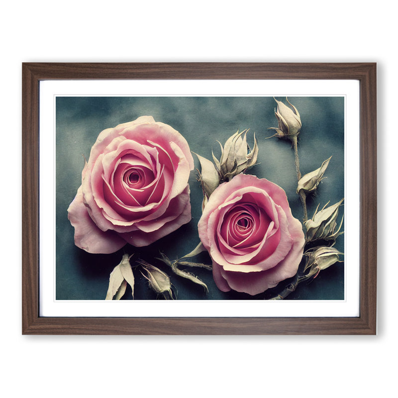 Decorated Rose Flowers - Framed Print, 25cm H x 34cm W x 2cm D, Walnut