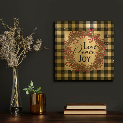 'Love Peace Joy with Berries' By Linda Spivey Gold Metal Wall Art, 12" x 12"