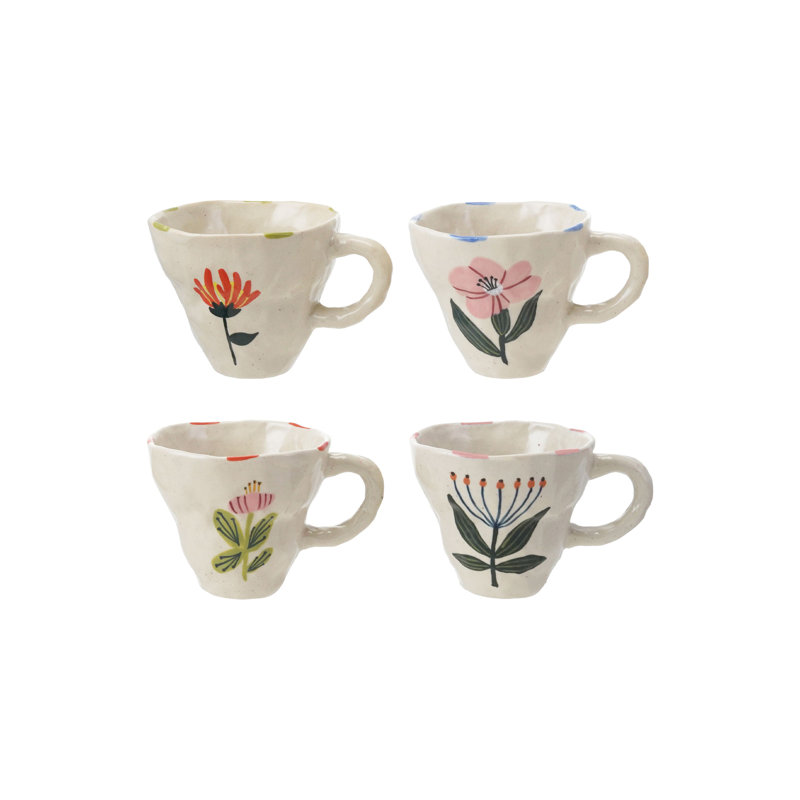 Ensemble de 4 tasses en grès peintes à la main avec une fleur