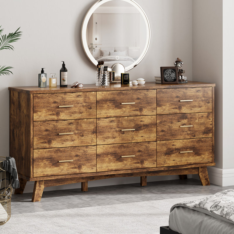 Commode 9 tiroirs large moderne avec base robuste en forme de X, Gris