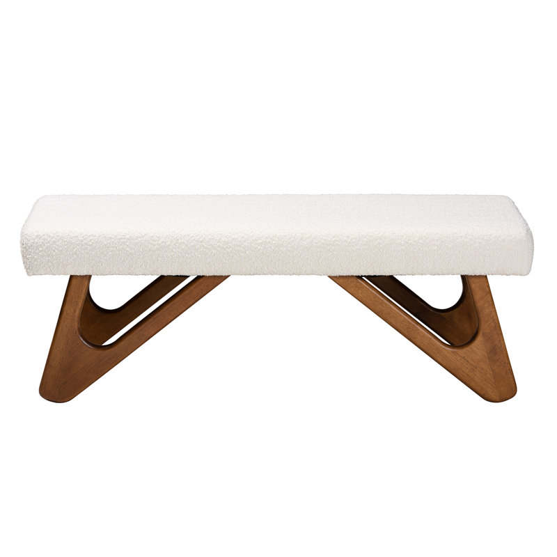 Cream Boucle Fabric and Walnut Wood Bench with Button-Tufted Seat
